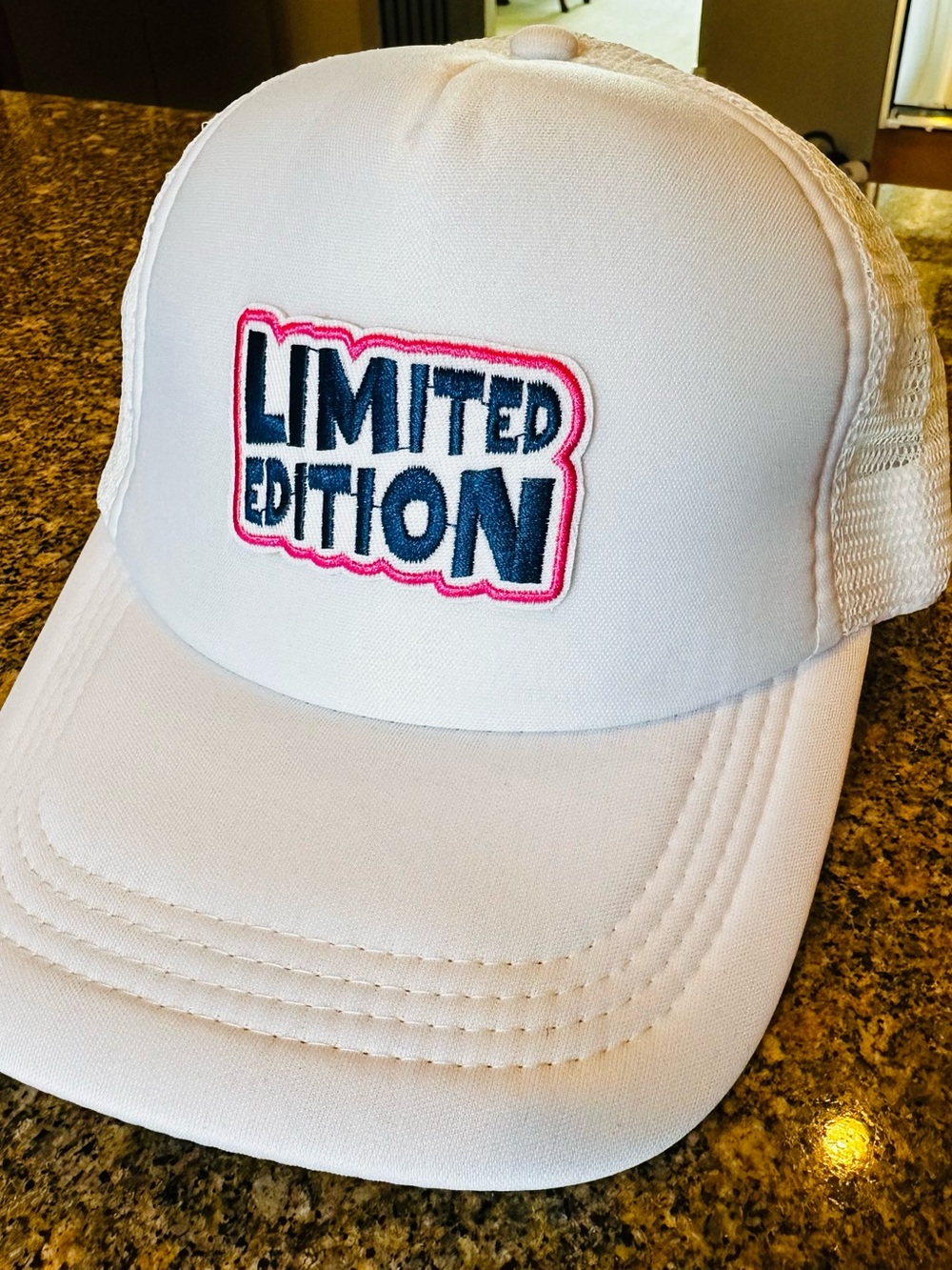 White Trucker Hat Limited Edition Embroidered Patch